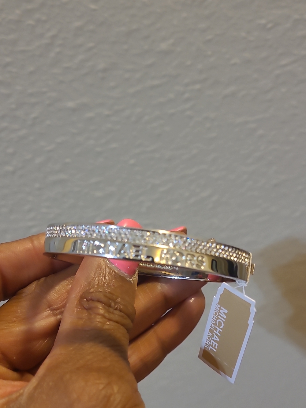Michael Kors Silver Crystal Logo Hinged Bangle - Silver - Picture 6 of 6